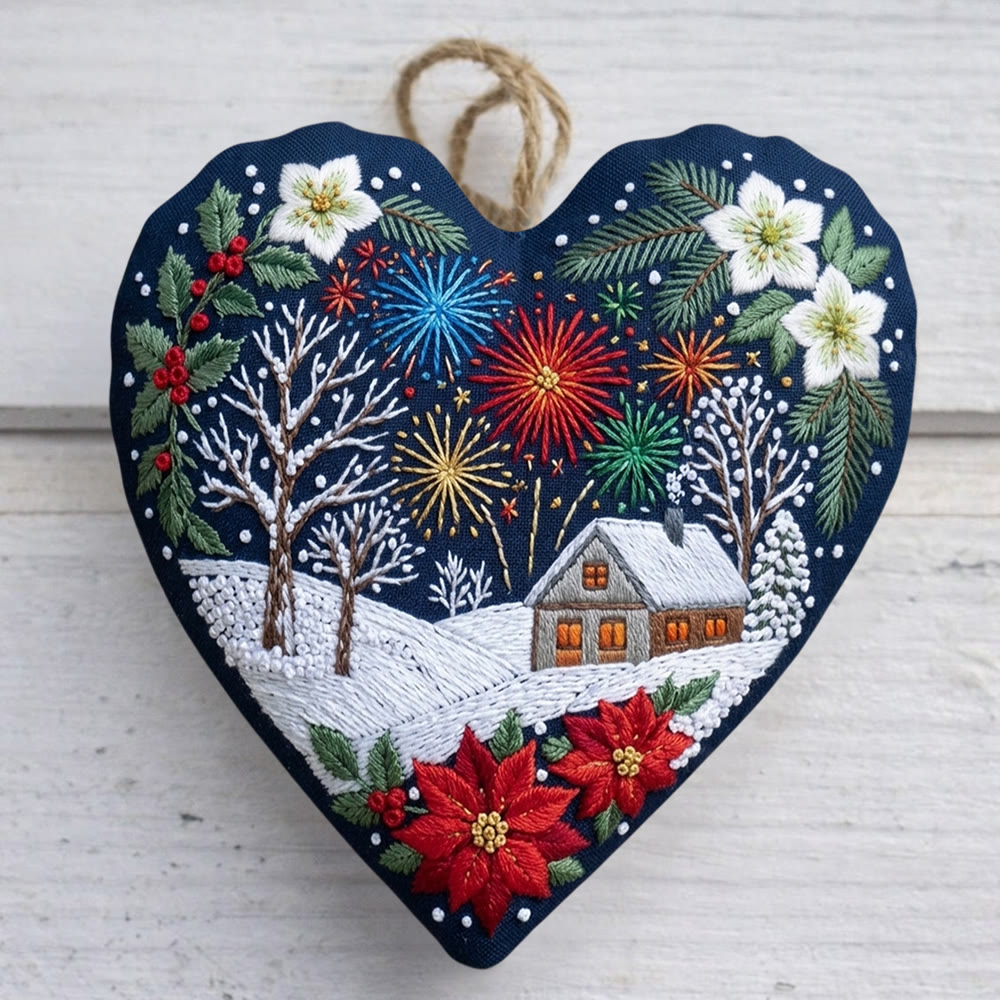 Rubbyoo Herz-Stickset – Festliche Weihnachtsfeier | Verschneite Winterdorfszene | Rustikaler Weihnachtsbaumschmuck - 6-Zoll-Reifen-Set - image 2