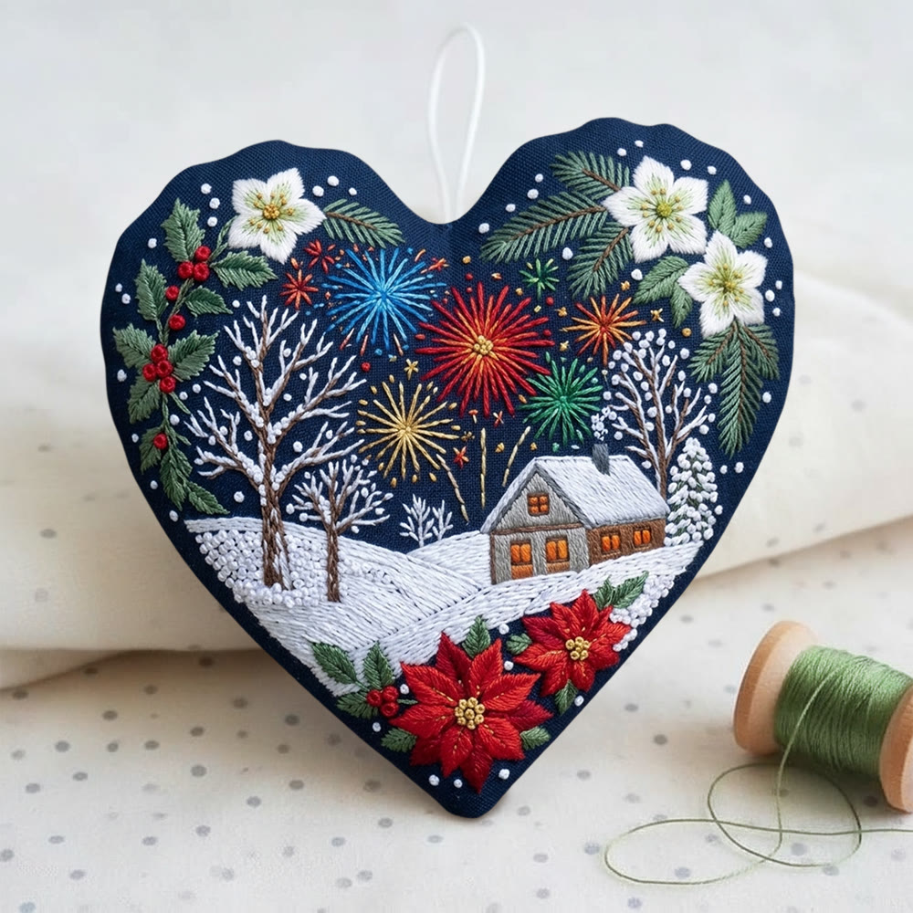 Rubbyoo Herz-Stickset – Festliche Weihnachtsfeier | Verschneite Winterdorfszene | Rustikaler Weihnachtsbaumschmuck - image 3