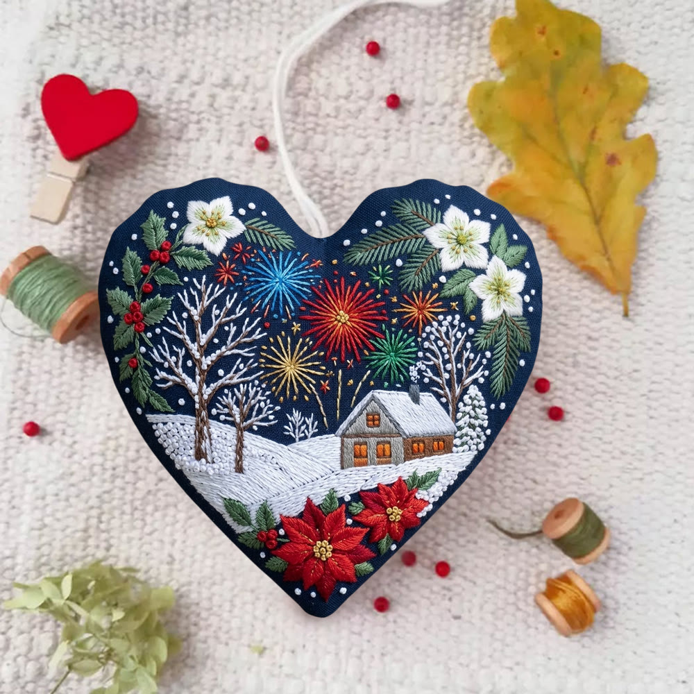 Rubbyoo Herz-Stickset – Festliche Weihnachtsfeier | Verschneite Winterdorfszene | Rustikaler Weihnachtsbaumschmuck - image 1