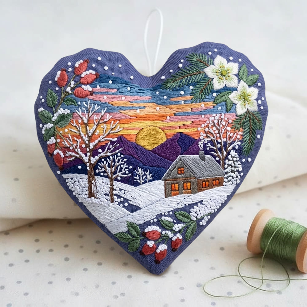 Rubbyoo Herz-Stickset – Sonnenuntergang über schneebedeckten Bergen | Romantische Winterwald-Atmosphäre | Einzigartige handgefertigte Weihnachtsdekoration fürs Regal - image 3