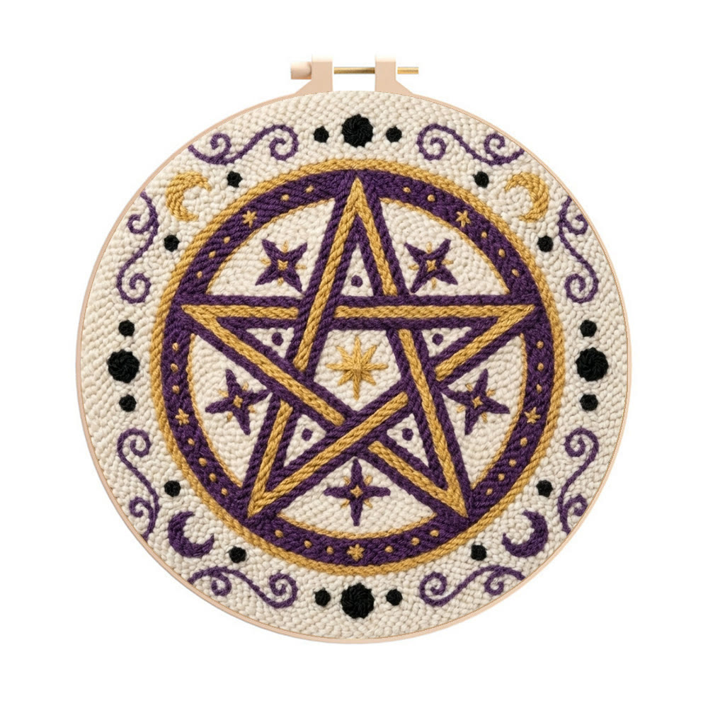 Mystisches Pentagramm-Punch-Needle-Set – Handgefertigtes himmlisches Bastelset | Einzigartiges Astrologie-Motiv - 8-Zoll-Reifenset - image 1