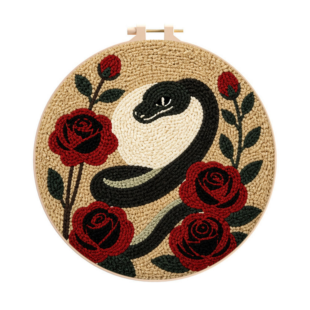 Schlangen- und Rosen-Punch-Needle-Set – Anfängerfreundliche gotische Stickerei | Ästhetische florale Wandkunst - 8-Zoll-Reifenset - image 1