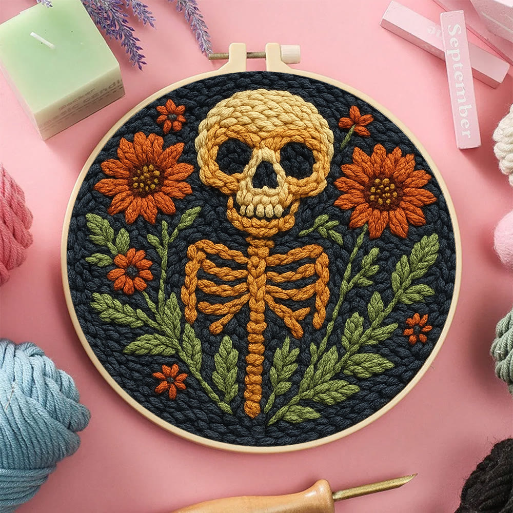 Blumen-Totenkopf-Punch-Needle-Set – DIY-Punch-Needle-Untersetzer | Gruselige Halloween-Kunst | Schöner Wandbehang - image 4