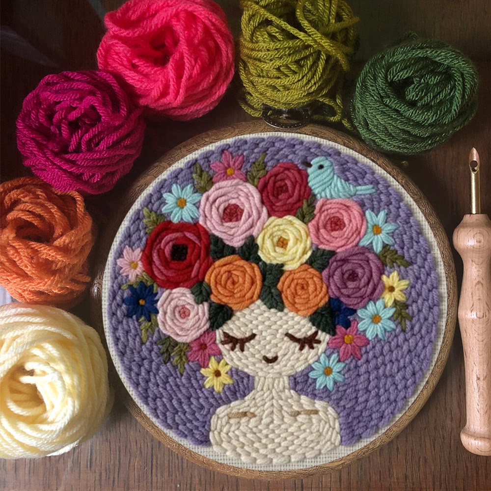 Pastellfarbenes Blumenporträt mit Vogel – Punch-Needle-Set – Künstlerisches DIY-Handwerk | Elegante Wohndekoration - image 3