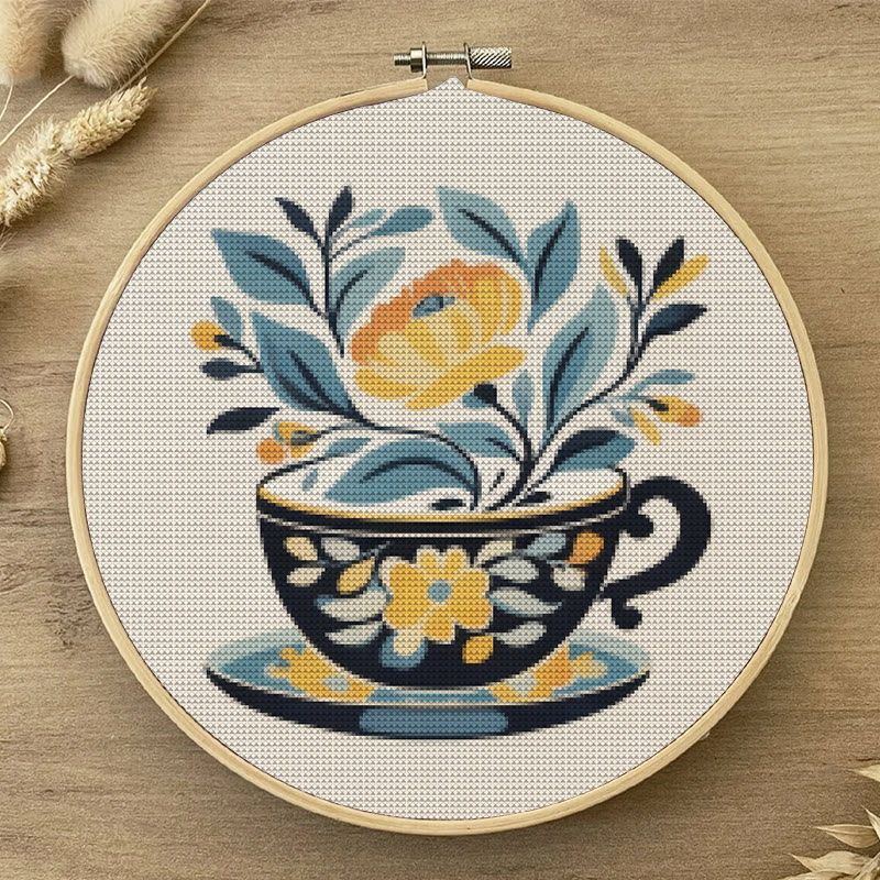 Kreuzstich-Set – Blumen-Teetasse | Elegante Handarbeit | Stickrahmen-Dekoration zum Aufhängen - image 6