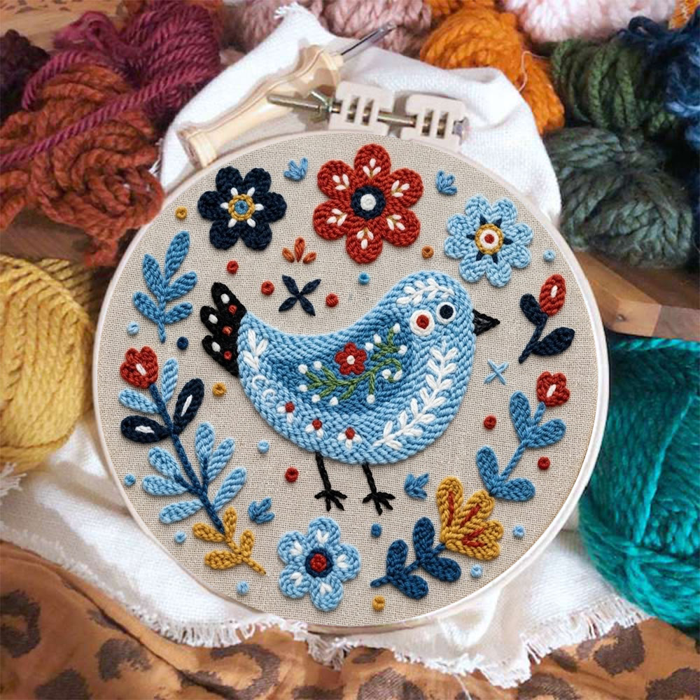 Volkskunst-Punch-Needle-Set „Blauer Vogel zwischen Blüten“ – Exquisite Heimdekoration | Ideal für Anfänger - image 5