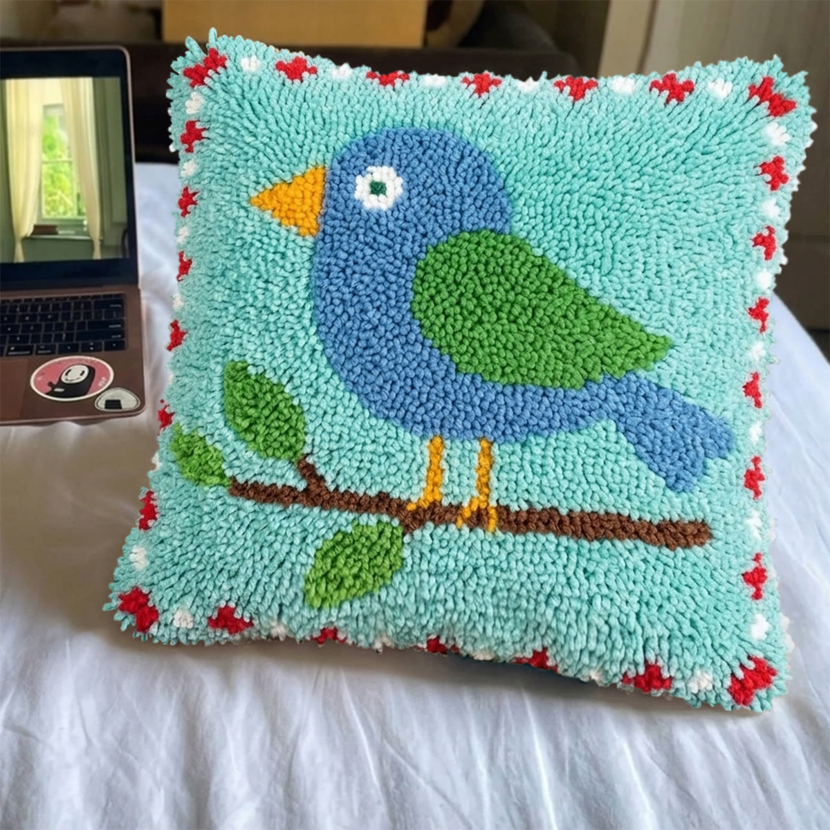 Rubbyoo Knüpfkissen-Set – Prallblauer Vogel | Gesteppter Kissenbezug | Dekorative Sofa-Bastelarbeit - image 4