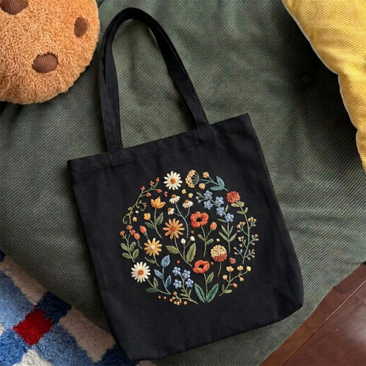 Rubbyoo Stickset für Tragetasche – Wildblumenblüte | DIY-Urlaubsrucksack | Einzigartiges botanisches Handarbeitsprojekt - 11,8" × 13,8" - Schwarz - image 5