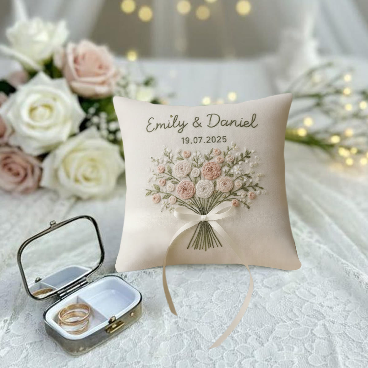 Rubbyoo Personalisiertes Ringkissen-Stickset – Zartrosa-weißes Blumenstraußband | Exquisites handgefertigtes Unikat | Geschenkidee zum Jahrestag - image 4