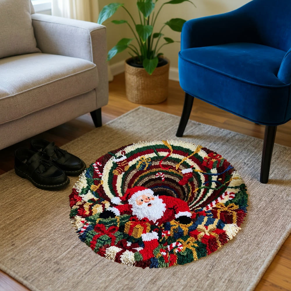 Rubbyoo Knüpfteppich-Set – Lustiger, verlegener Weihnachtsmann | Runder 3D-Weihnachtsteppich mit Wirbelillusion | Bezaubernde Party-Fußmatte - image 5