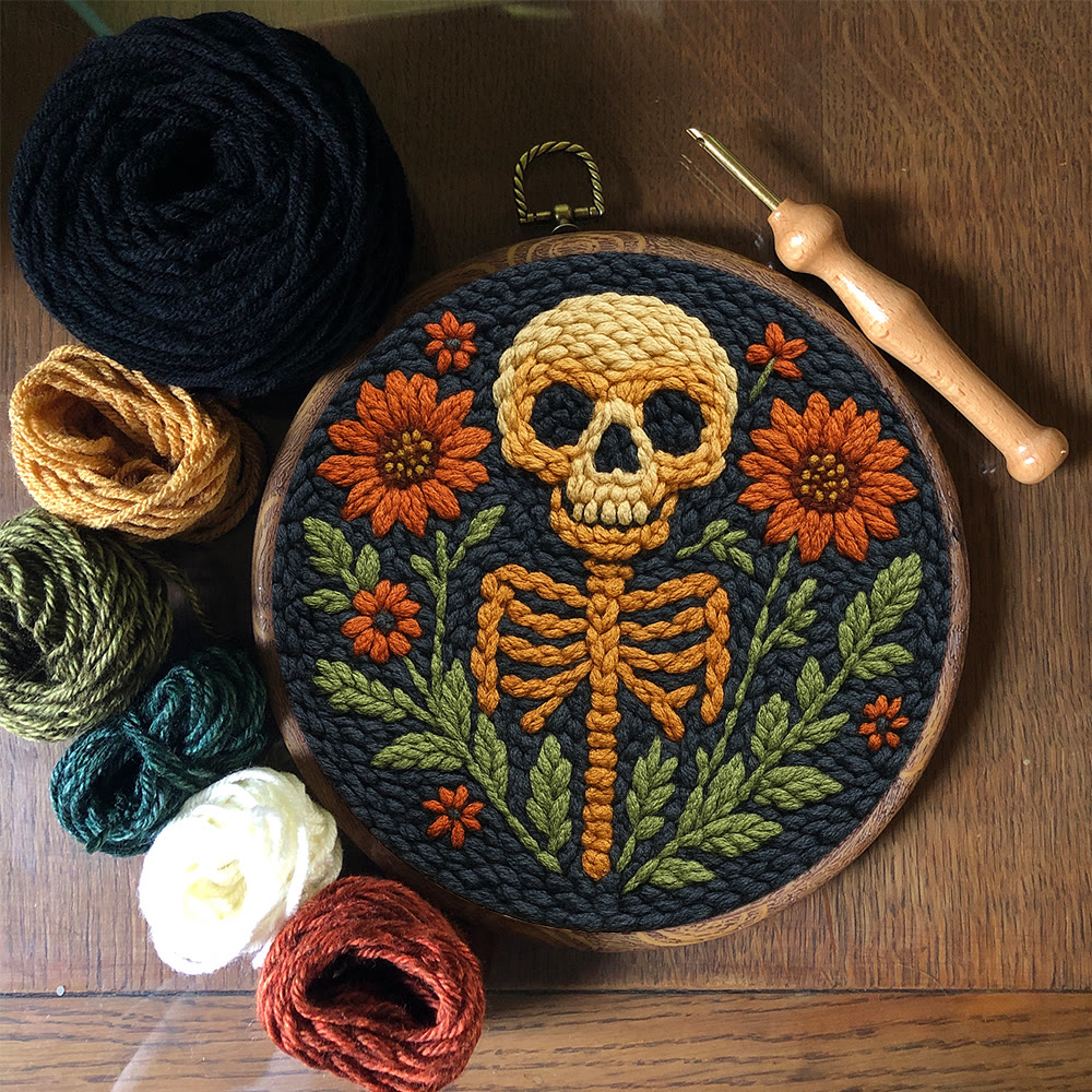 Blumen-Totenkopf-Punch-Needle-Set – DIY-Punch-Needle-Untersetzer | Gruselige Halloween-Kunst | Schöner Wandbehang - image 2