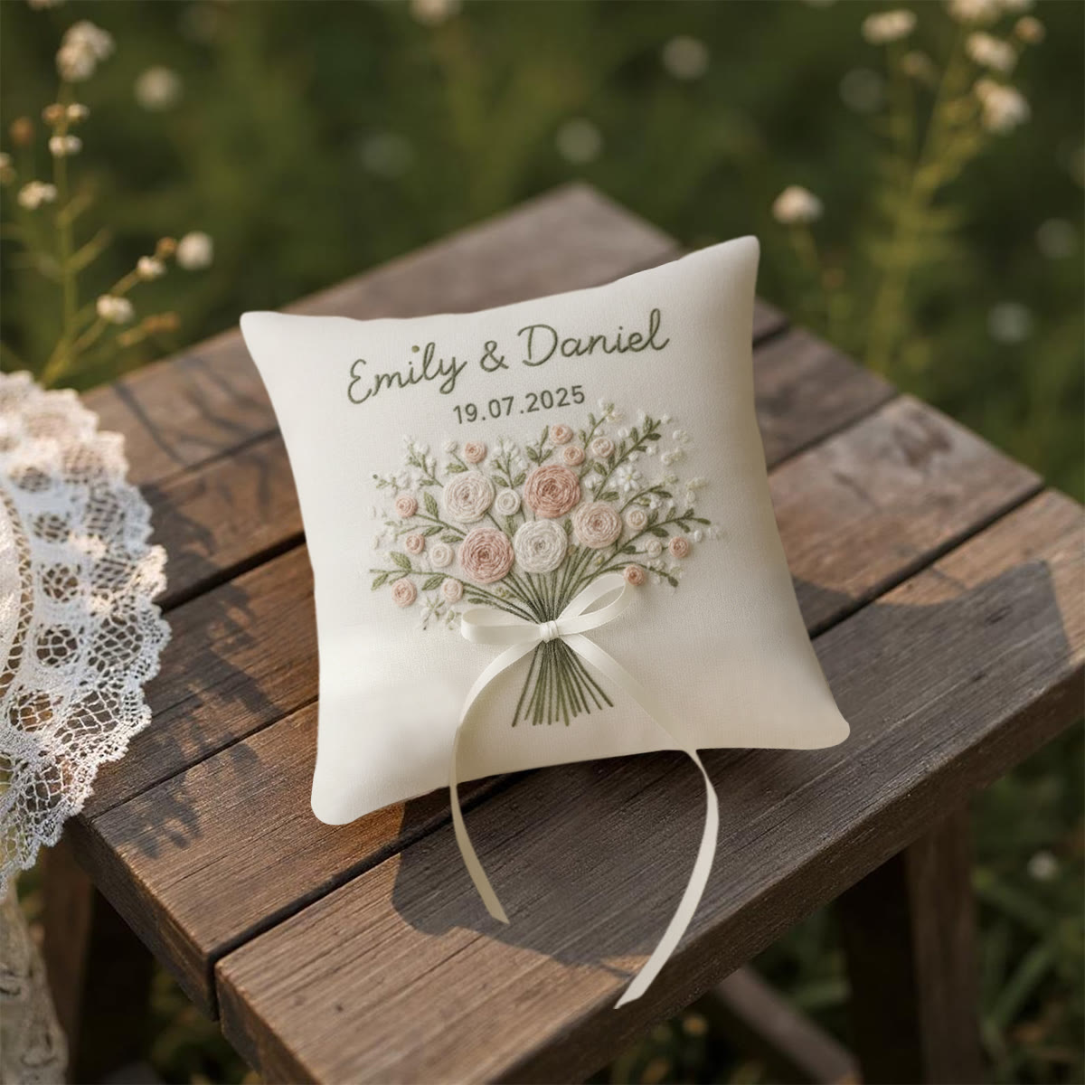 Rubbyoo Personalisiertes Ringkissen-Stickset – Zartrosa-weißes Blumenstraußband | Exquisites handgefertigtes Unikat | Geschenkidee zum Jahrestag - image 11