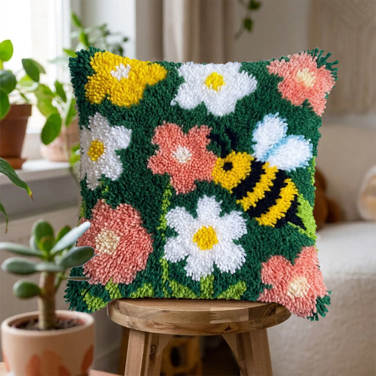 Rubbyoo Knüpfkissen-Set – Biene und Blumen | DIY-Sofadeko | Kreatives Geschenk aus Garn - image 6