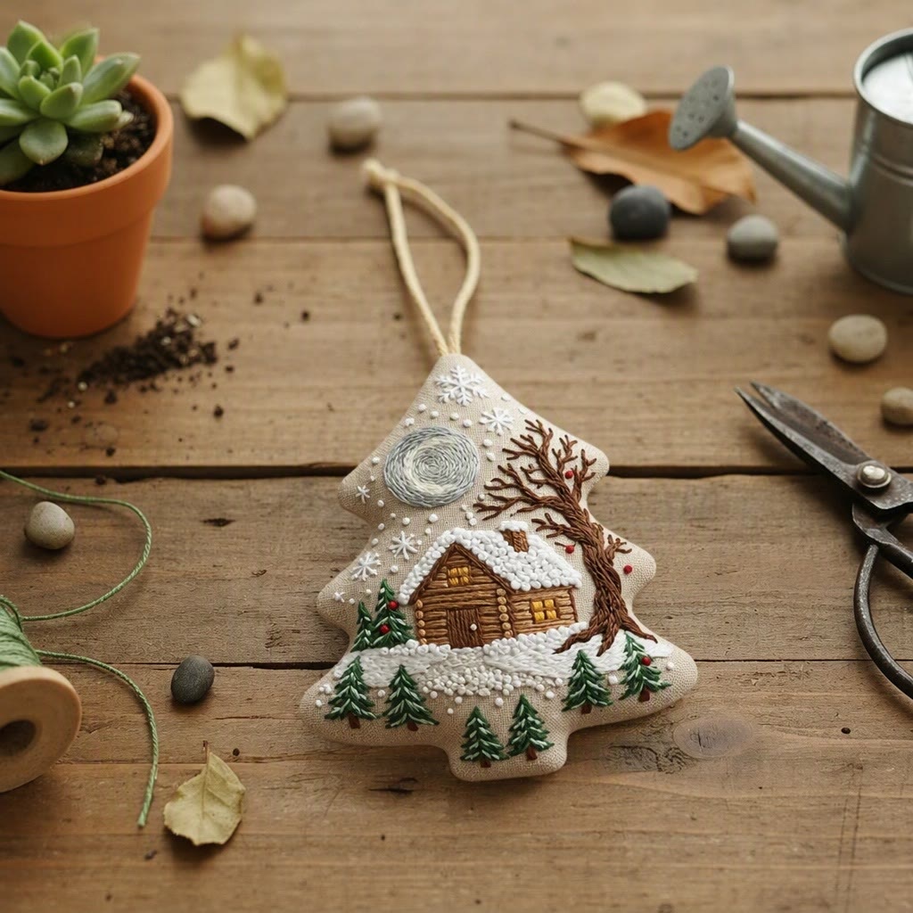 Rubbyoo Stickset in Baumform – Mondbeschienene, verschneite Hütte | Weihnachtliches Bastelgeschenk | Winterlandschaft mit Kiefern (Stickrahmen) - image 6