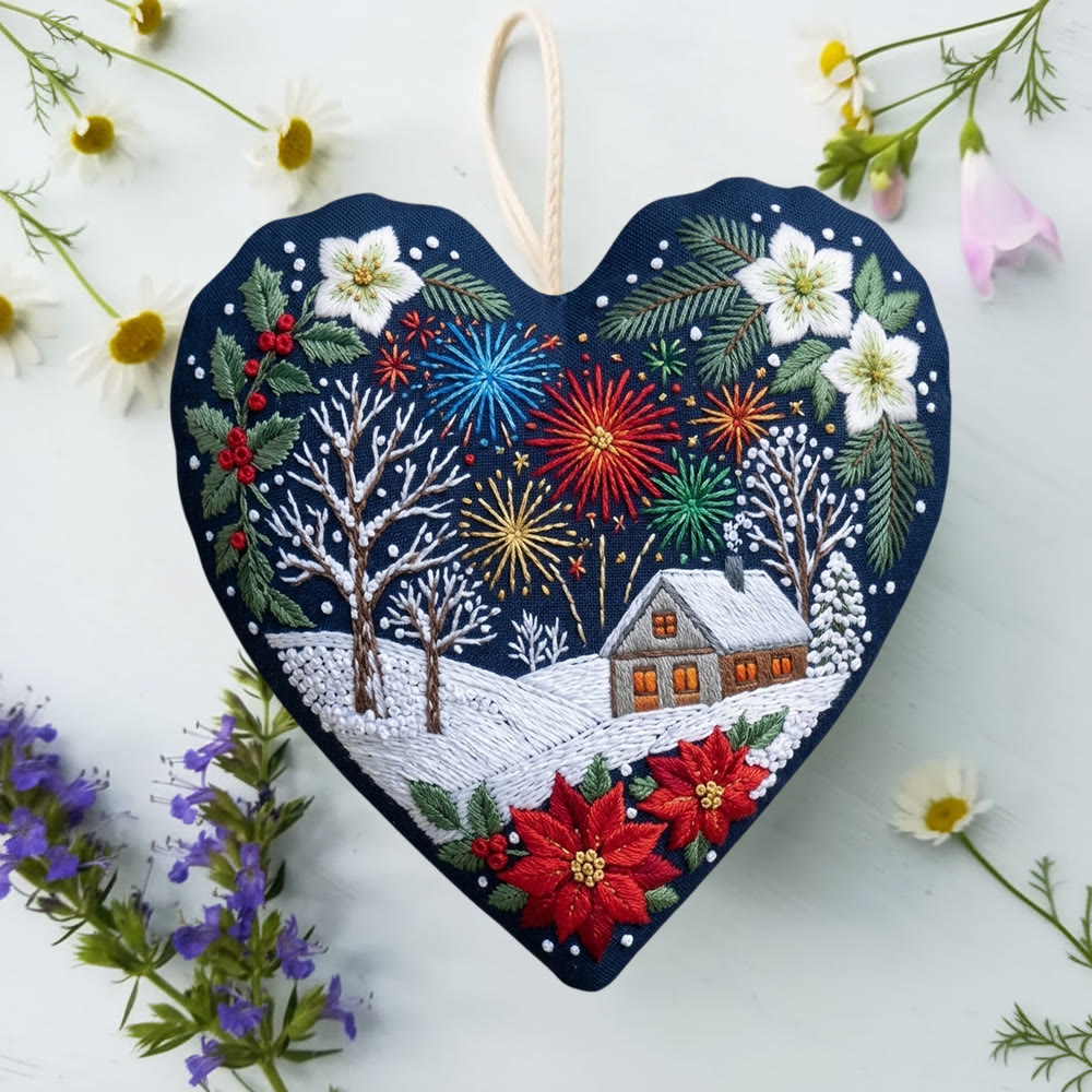 Rubbyoo Herz-Stickset – Festliche Weihnachtsfeier | Verschneite Winterdorfszene | Rustikaler Weihnachtsbaumschmuck - image 4