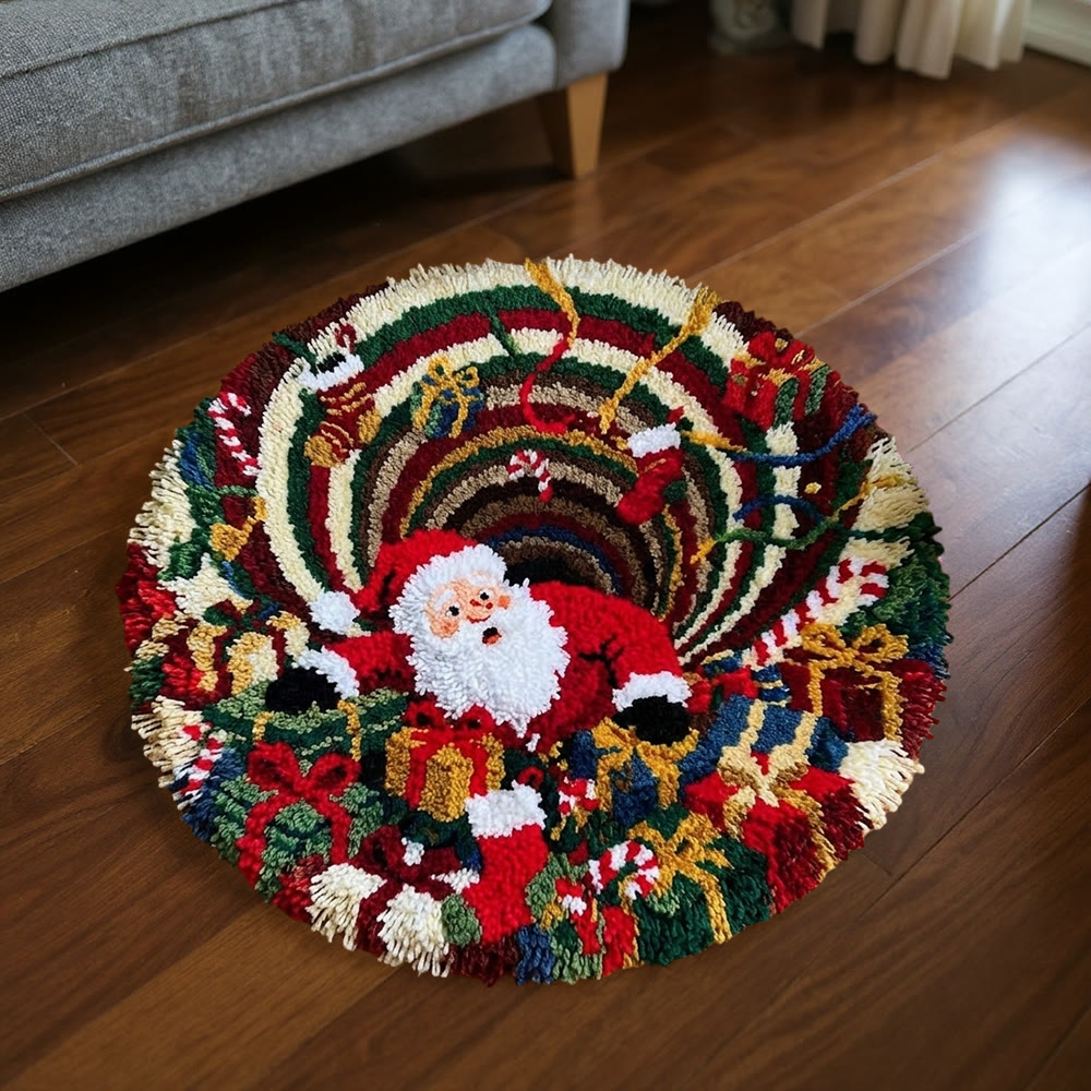 Rubbyoo Knüpfteppich-Set – Lustiger, verlegener Weihnachtsmann | Runder 3D-Weihnachtsteppich mit Wirbelillusion | Bezaubernde Party-Fußmatte - image 6