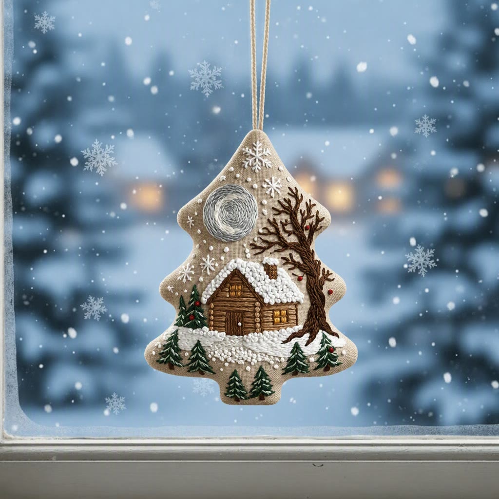 Rubbyoo Stickset in Baumform – Mondbeschienene, verschneite Hütte | Weihnachtliches Bastelgeschenk | Winterlandschaft mit Kiefern (Stickrahmen) - image 4