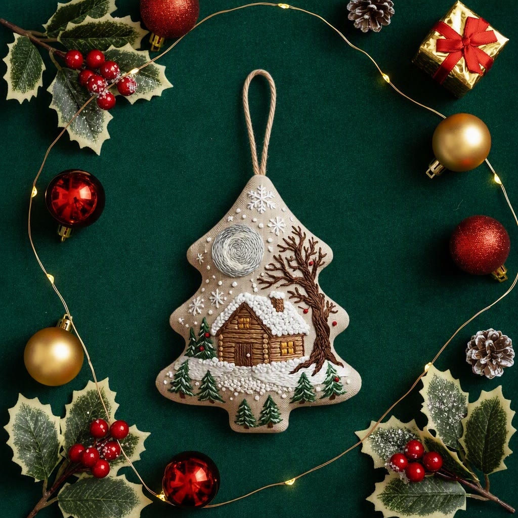 Rubbyoo Stickset in Baumform – Mondbeschienene, verschneite Hütte | Weihnachtliches Bastelgeschenk | Winterlandschaft mit Kiefern (Stickrahmen) - image 9