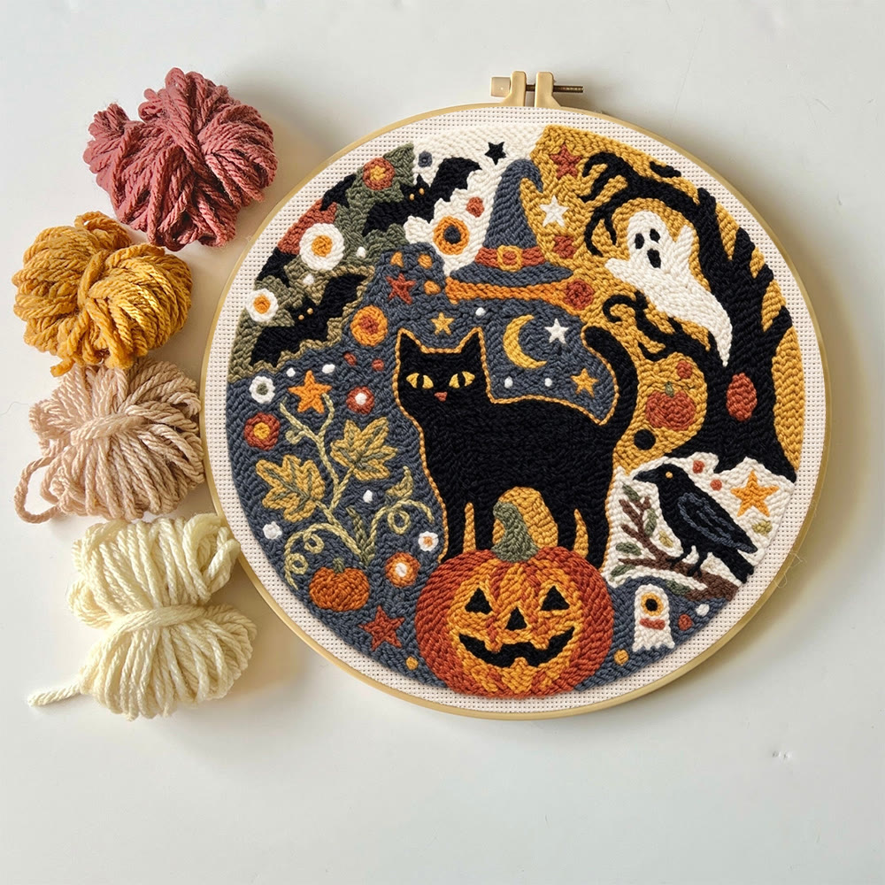 Punch-Needle-Set „Geisterwelt“ – Handgemachte Halloween-Geschenkidee | Motiv: Gotischer Geist, Fledermäuse & Schwarze Katze - image 5