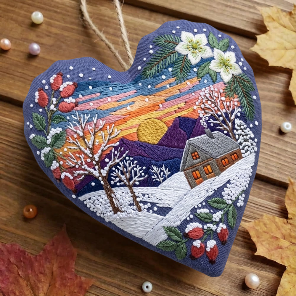 Rubbyoo Herz-Stickset – Sonnenuntergang über schneebedeckten Bergen | Romantische Winterwald-Atmosphäre | Einzigartige handgefertigte Weihnachtsdekoration fürs Regal - image 7