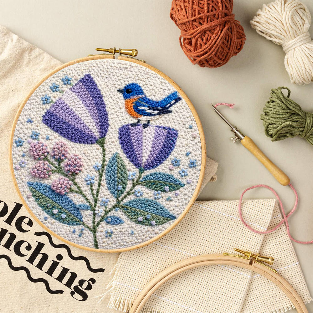 Lila Blume mit kleinem Vogel – Punch-Needle-Set – Gemütliche Wohndekoration | Einfach selbstgemachte Kunst - image 9