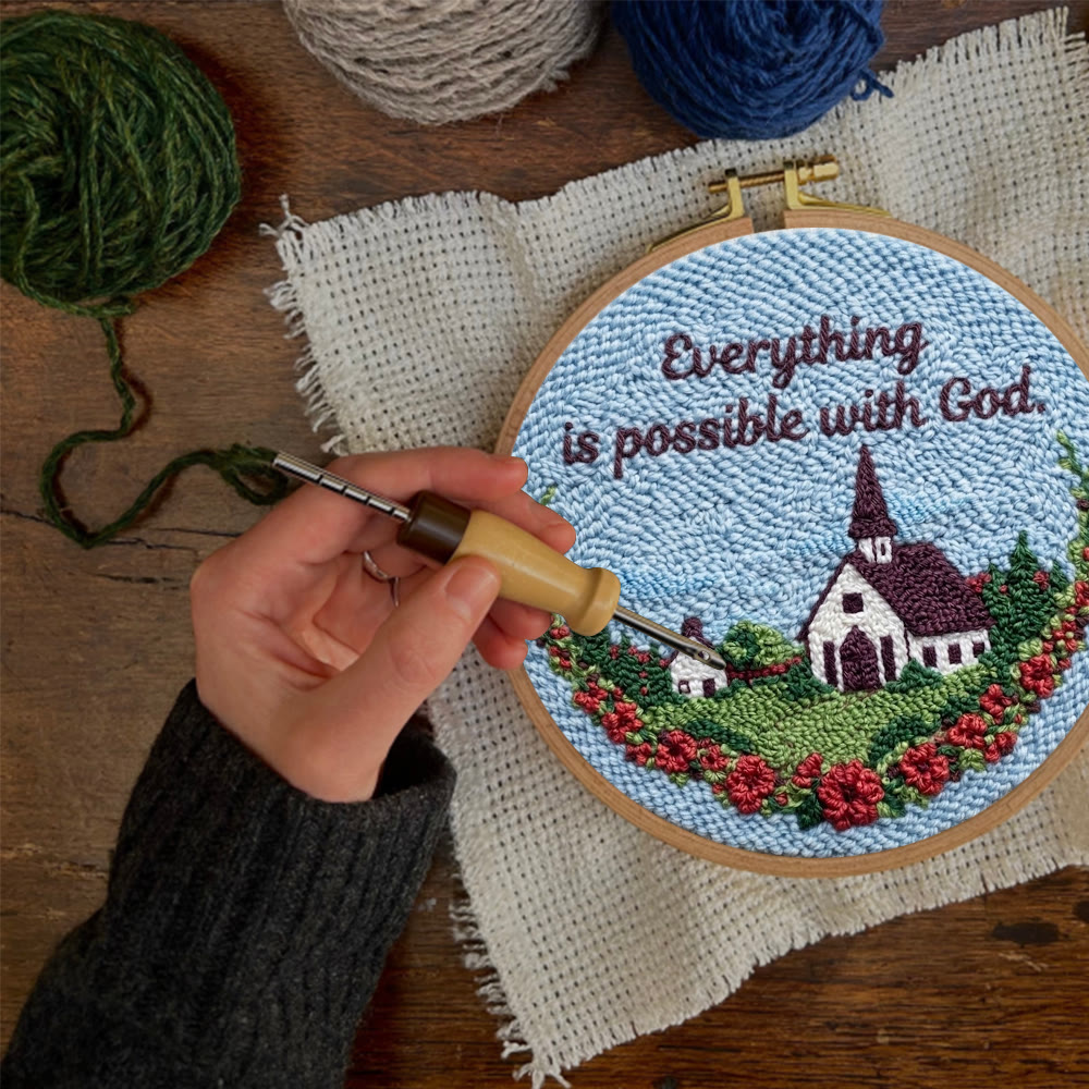 Ruhige ländliche Kleinstadt mit blauem Himmel – Punch-Needle-Set – Wunderschöner Wandbehang | Ideal für DIY-Bastelfreunde - image 4