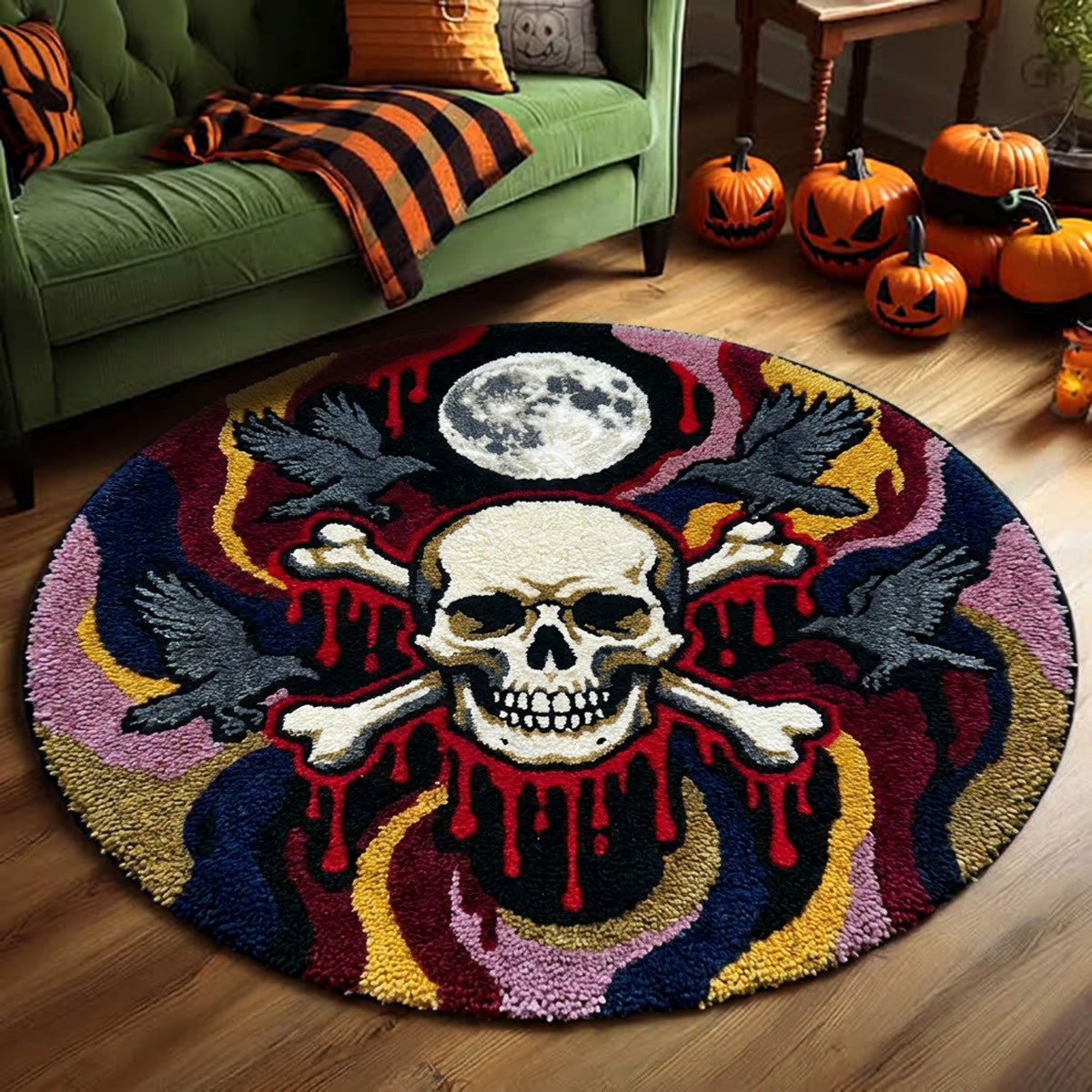 Rubbyoo Knüpfteppich-Set – Blutiger Gothic-Totenkopf | Runde Halloween-Party-Fußmatte | Dunkles Bohemian-Geschenk für Gothic-Fans - image 8