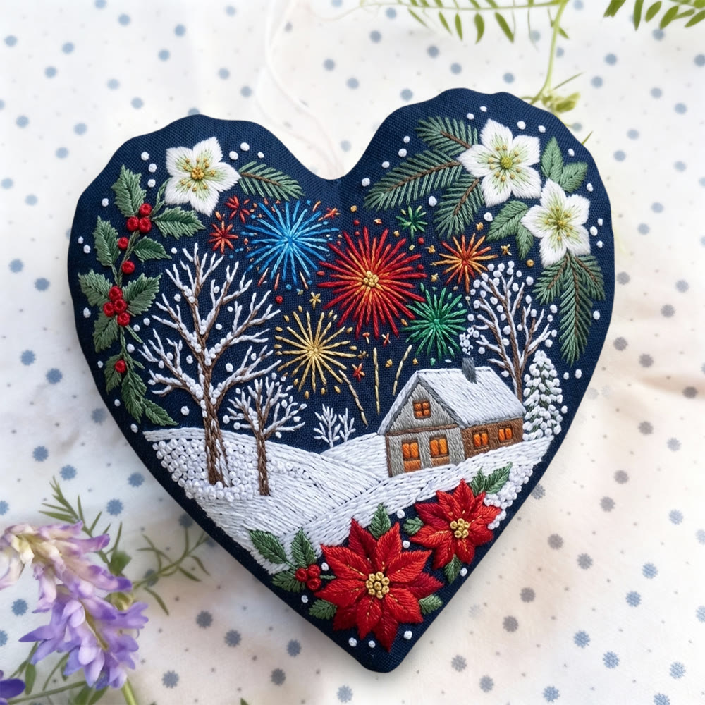 Rubbyoo Herz-Stickset – Festliche Weihnachtsfeier | Verschneite Winterdorfszene | Rustikaler Weihnachtsbaumschmuck - image 5