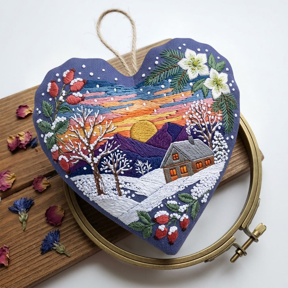 Rubbyoo Herz-Stickset – Sonnenuntergang über schneebedeckten Bergen | Romantische Winterwald-Atmosphäre | Einzigartige handgefertigte Weihnachtsdekoration fürs Regal - image 6