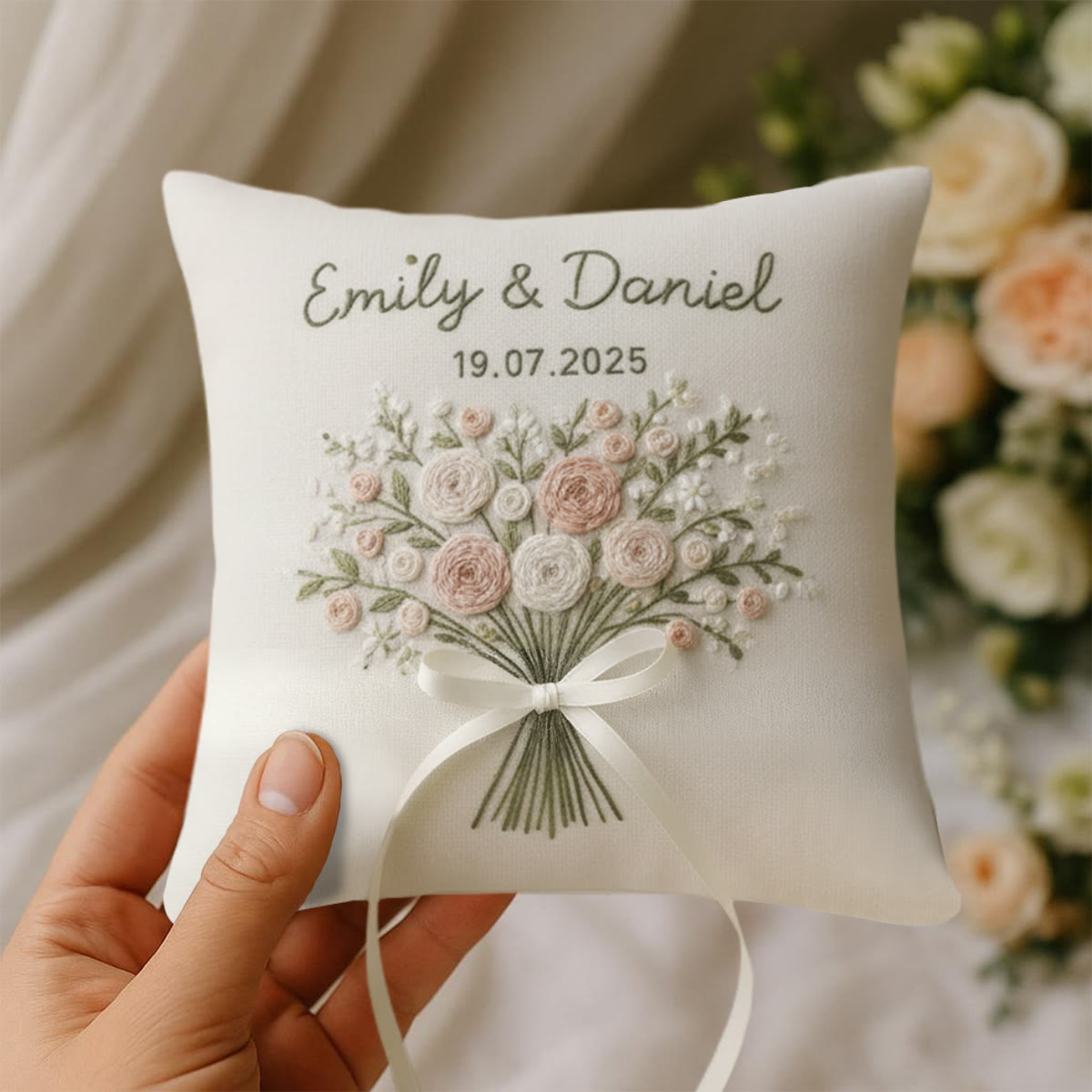 Rubbyoo Personalisiertes Ringkissen-Stickset – Zartrosa-weißes Blumenstraußband | Exquisites handgefertigtes Unikat | Geschenkidee zum Jahrestag - image 9