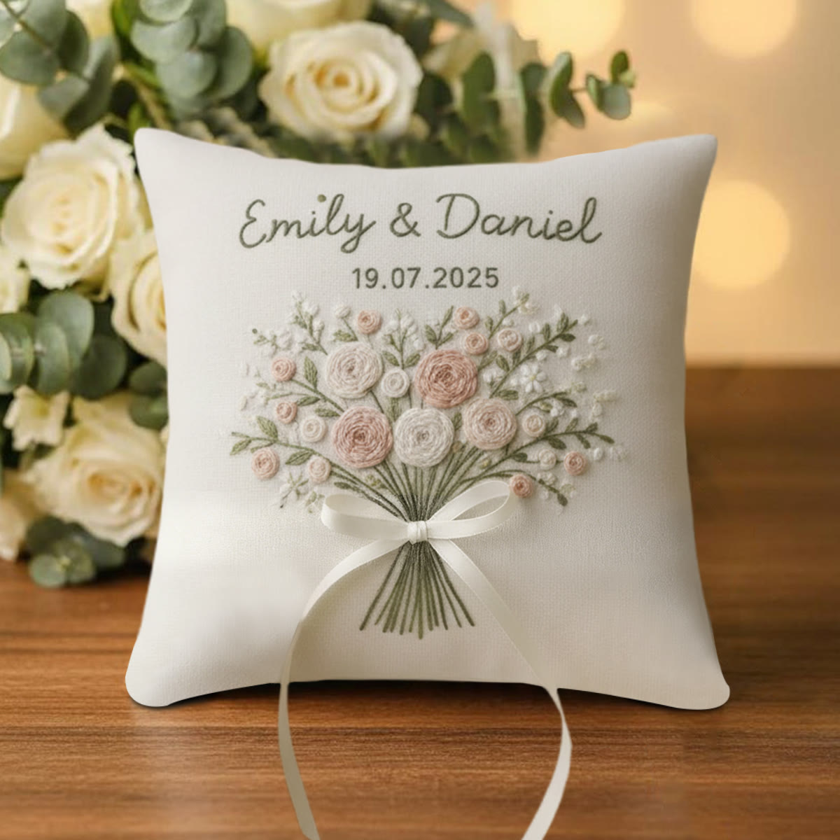 Rubbyoo Personalisiertes Ringkissen-Stickset – Zartrosa-weißes Blumenstraußband | Exquisites handgefertigtes Unikat | Geschenkidee zum Jahrestag - image 7