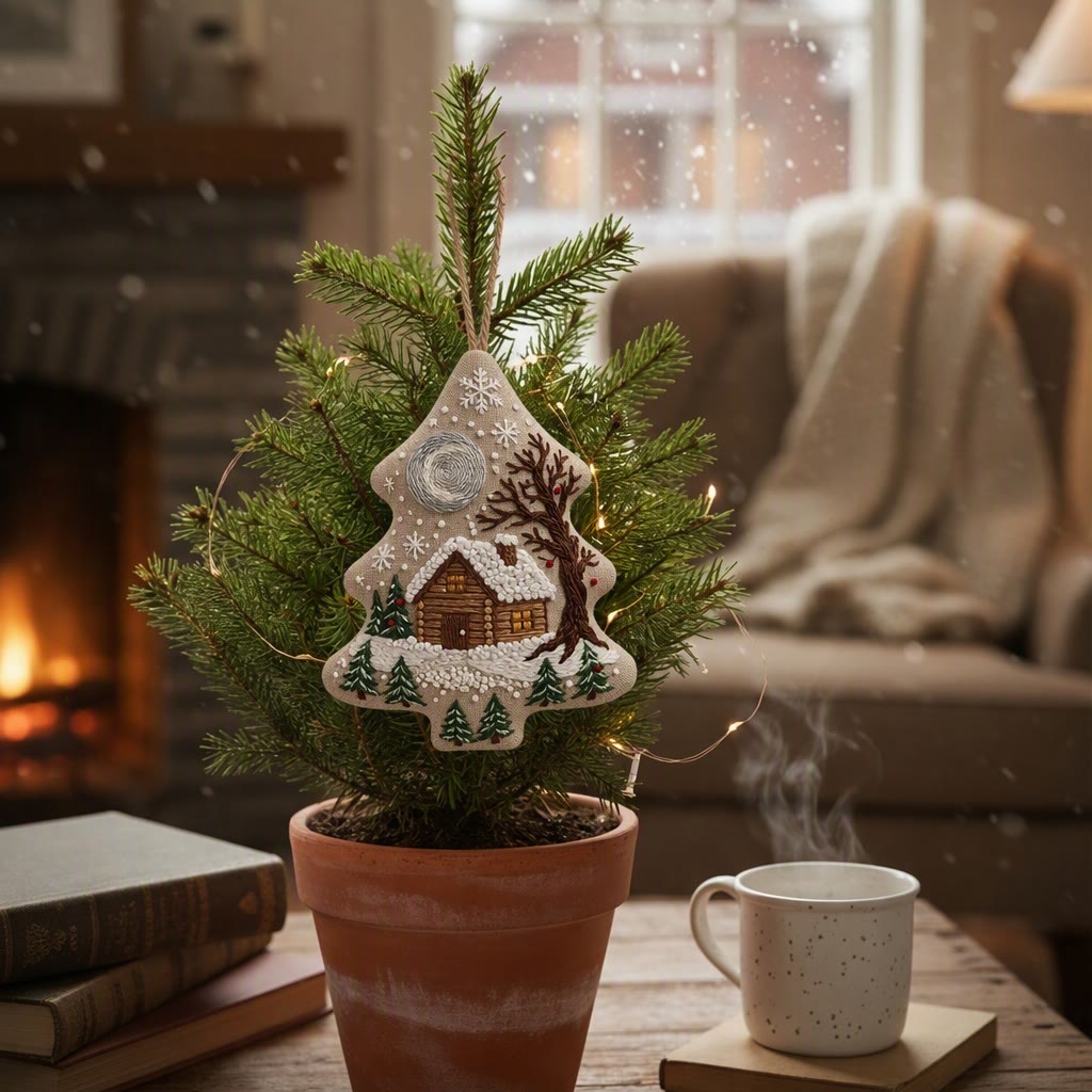 Rubbyoo Stickset in Baumform – Mondbeschienene, verschneite Hütte | Weihnachtliches Bastelgeschenk | Winterlandschaft mit Kiefern (Stickrahmen) - image 5