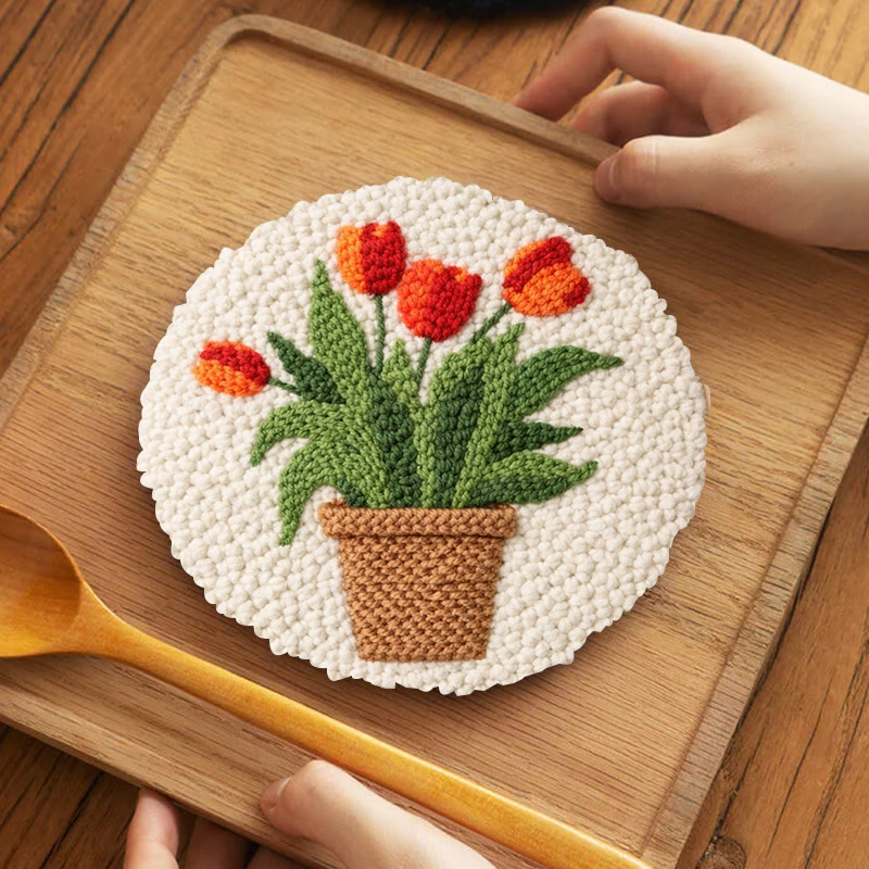 Tulpen-Punch-Needle-Set – Einfaches Bastelprojekt für Anfänger | Gemütlicher Wohnschmuck - 5-Zoll-Untersetzer-Set - image 4