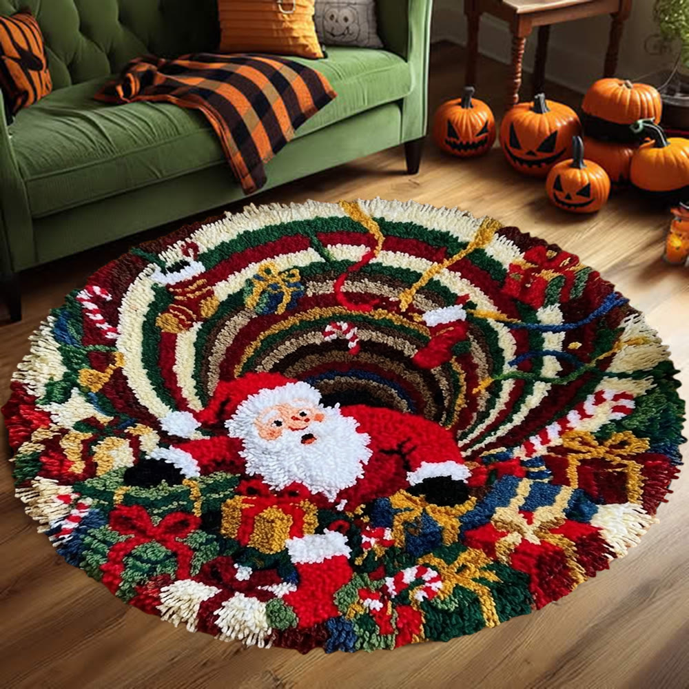 Rubbyoo Knüpfteppich-Set – Lustiger, verlegener Weihnachtsmann | Runder 3D-Weihnachtsteppich mit Wirbelillusion | Bezaubernde Party-Fußmatte - image 4