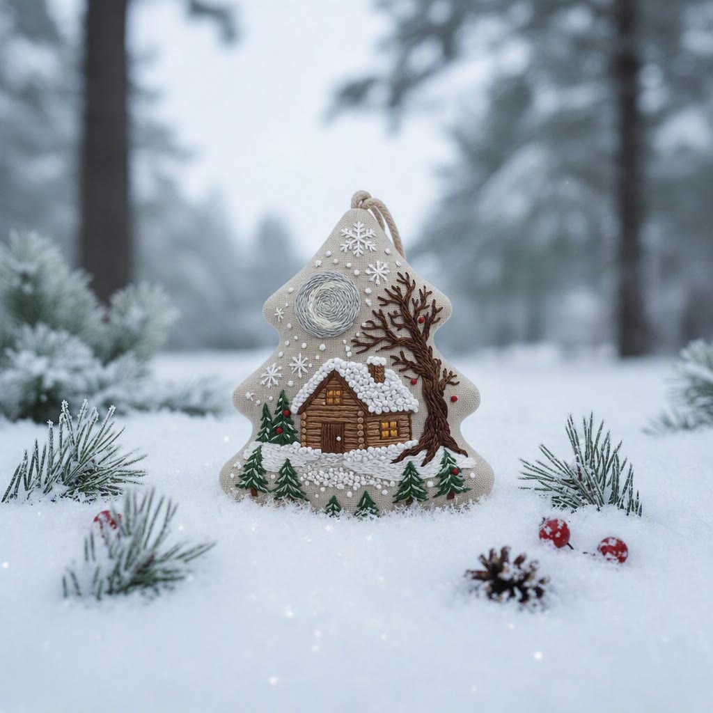 Rubbyoo Stickset in Baumform – Mondbeschienene, verschneite Hütte | Weihnachtliches Bastelgeschenk | Winterlandschaft mit Kiefern (Stickrahmen) - image 3