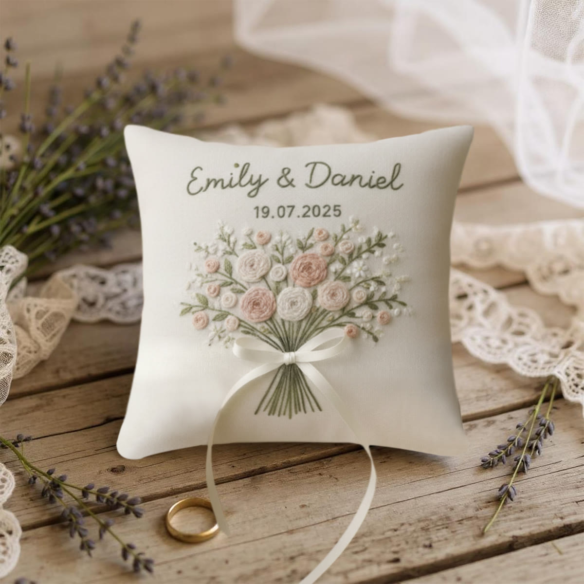 Rubbyoo Personalisiertes Ringkissen-Stickset – Zartrosa-weißes Blumenstraußband | Exquisites handgefertigtes Unikat | Geschenkidee zum Jahrestag - image 8