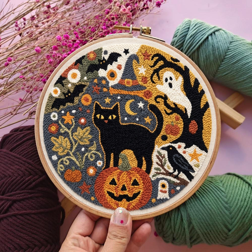 Punch-Needle-Set „Geisterwelt“ – Handgemachte Halloween-Geschenkidee | Motiv: Gotischer Geist, Fledermäuse & Schwarze Katze - image 4