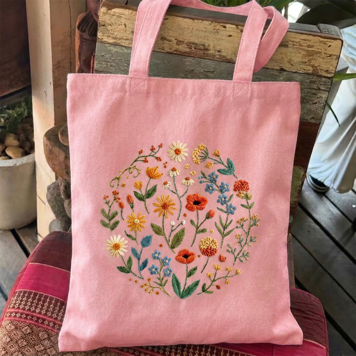 Rubbyoo Stickset für Tragetasche – Wildblumenblüte | DIY-Urlaubsrucksack | Einzigartiges botanisches Handarbeitsprojekt - 11,8" × 13,8" - Rosa - image 3
