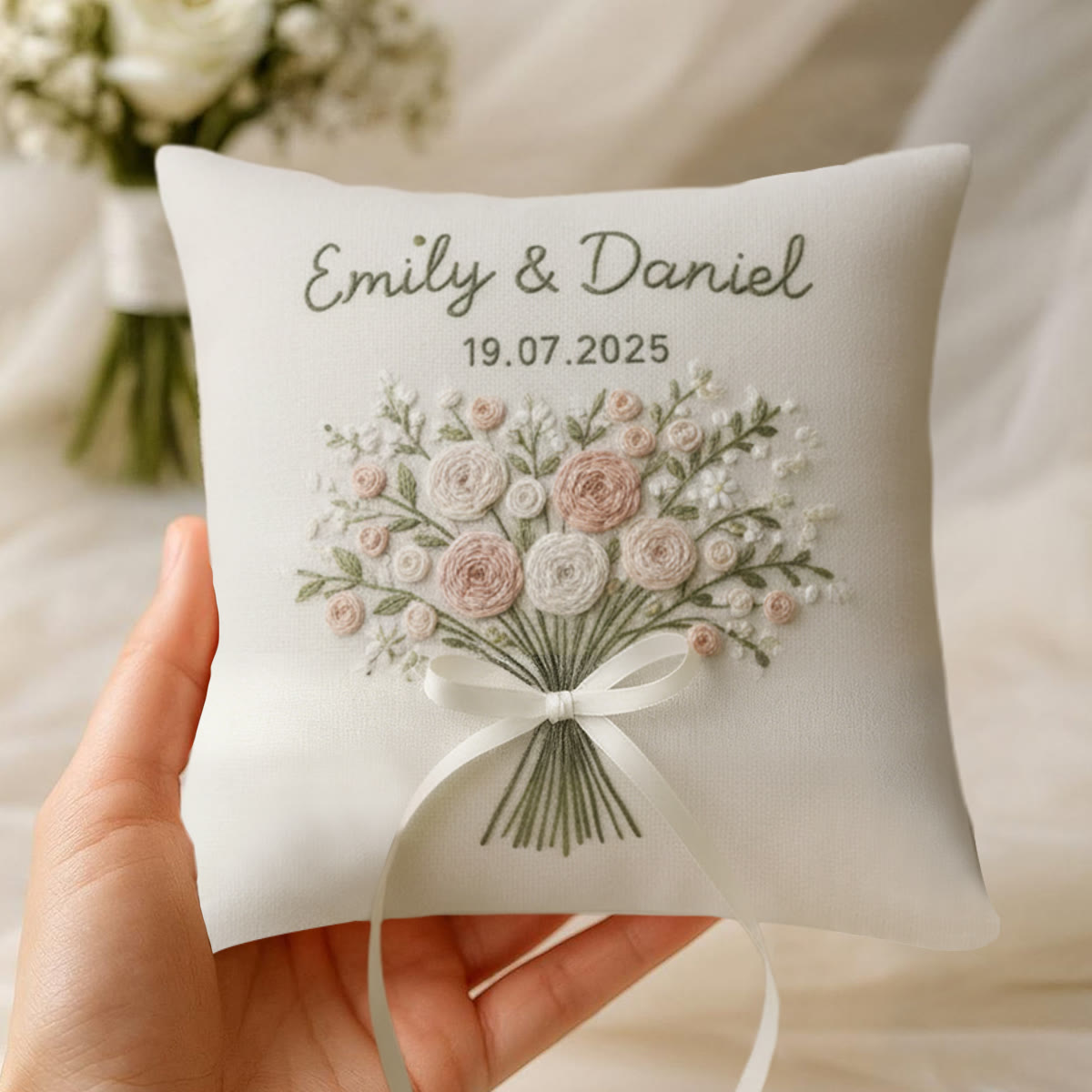 Rubbyoo Personalisiertes Ringkissen-Stickset – Zartrosa-weißes Blumenstraußband | Exquisites handgefertigtes Unikat | Geschenkidee zum Jahrestag - image 3