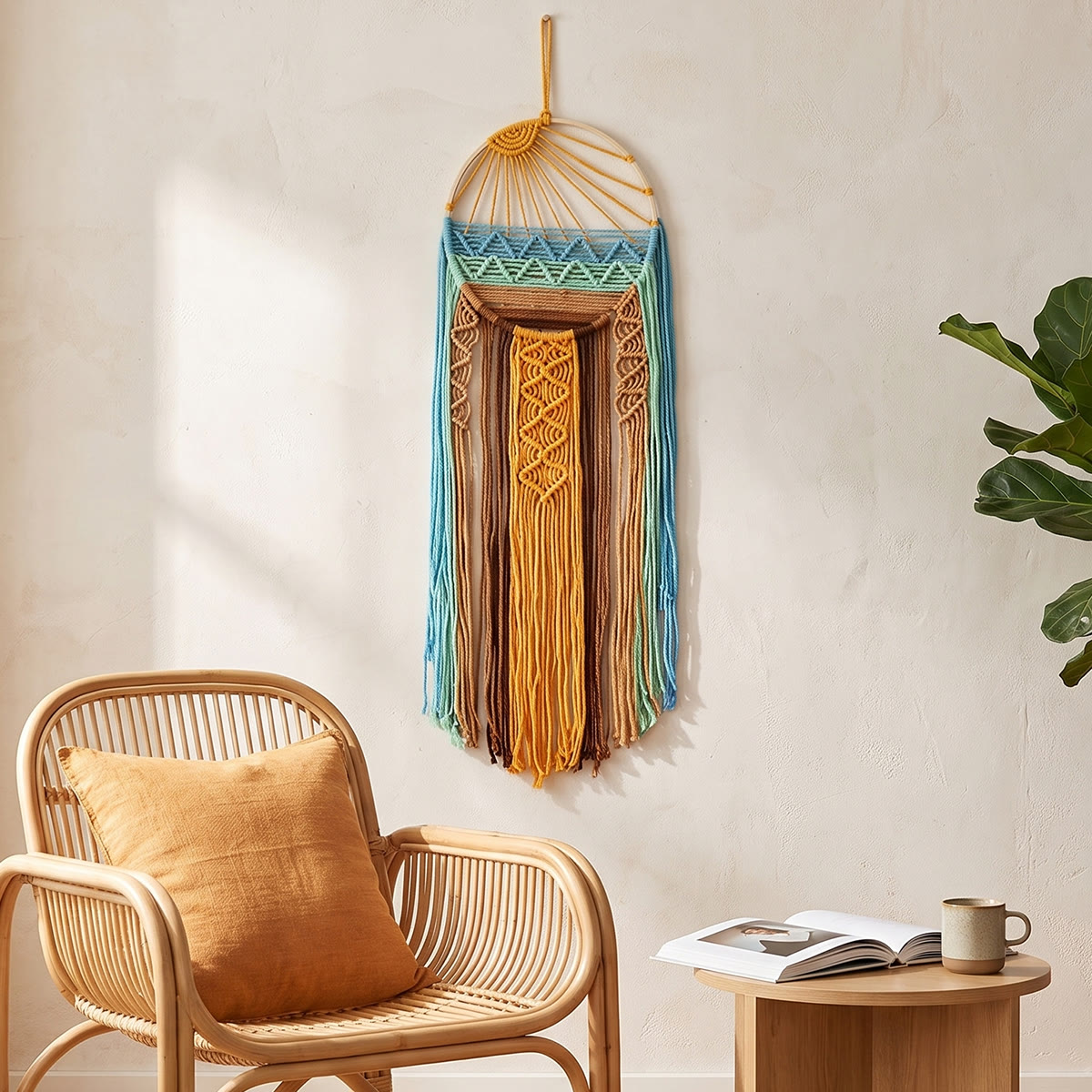 Rubbyoo Wandbehang „Sunburst Boho“ – Handgefertigtes Quasten-Kunstwerk | Dekoration für Küstenresort-Zimmer - Sonnenaufgang - image 3