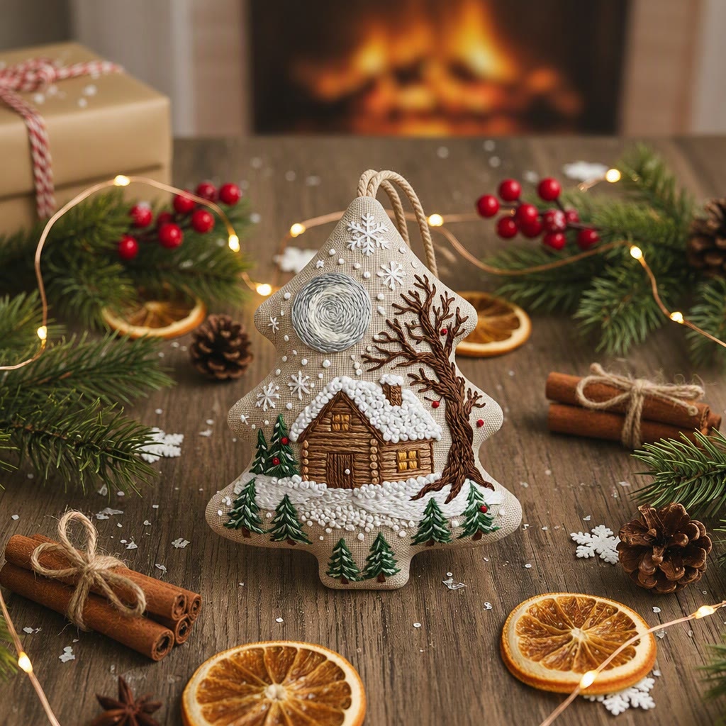 Rubbyoo Stickset in Baumform – Mondbeschienene, verschneite Hütte | Weihnachtliches Bastelgeschenk | Winterlandschaft mit Kiefern (Stickrahmen) - image 8