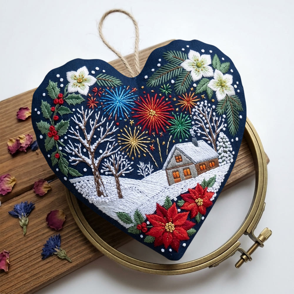 Rubbyoo Herz-Stickset – Festliche Weihnachtsfeier | Verschneite Winterdorfszene | Rustikaler Weihnachtsbaumschmuck - image 7