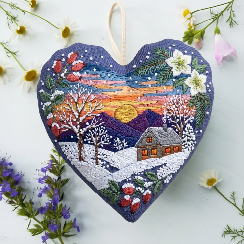 Rubbyoo Herz-Stickset – Sonnenuntergang über schneebedeckten Bergen | Romantische Winterwald-Atmosphäre | Einzigartige handgefertigte Weihnachtsdekoration fürs Regal - image 4
