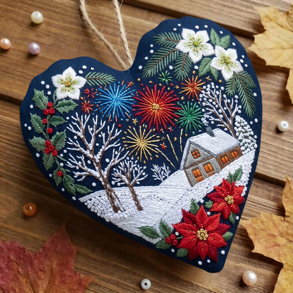 Rubbyoo Herz-Stickset – Festliche Weihnachtsfeier | Verschneite Winterdorfszene | Rustikaler Weihnachtsbaumschmuck - image 6