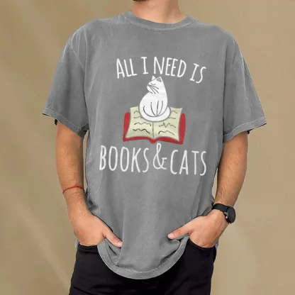 Pagewings All I Need Is Book & Cat Unisex Washed T-shirt