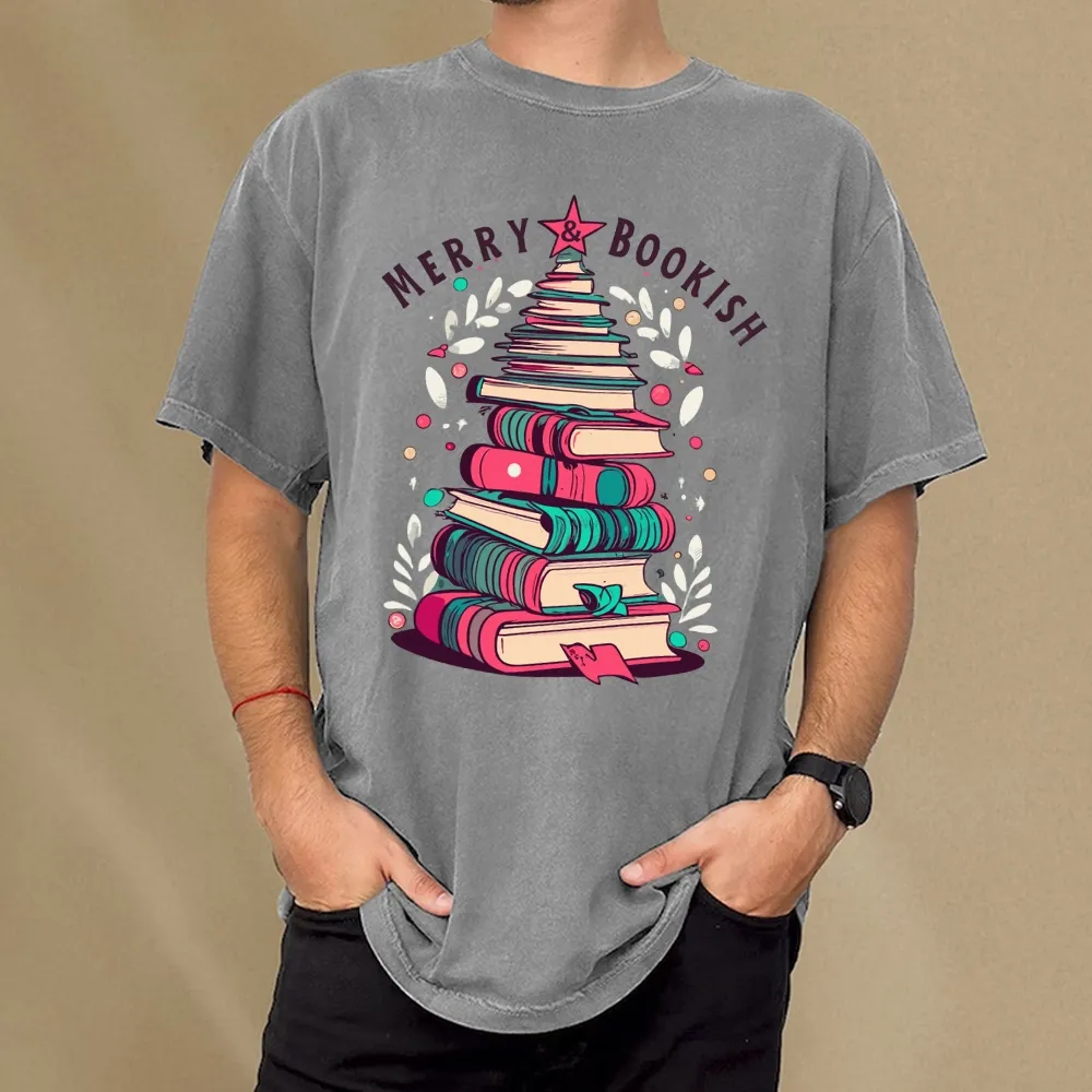 Pagewings Merry & Bookish Christmas Unisex Washed T-shirt