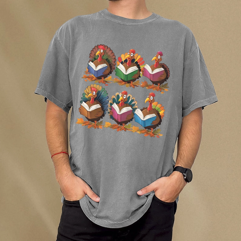 Pagewings Thanksgiving Fall Reading Turkey Unisex Washed T-shirt