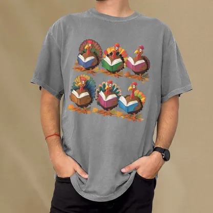 Pagewings Thanksgiving Fall Reading Turkey Unisex Washed T-shirt