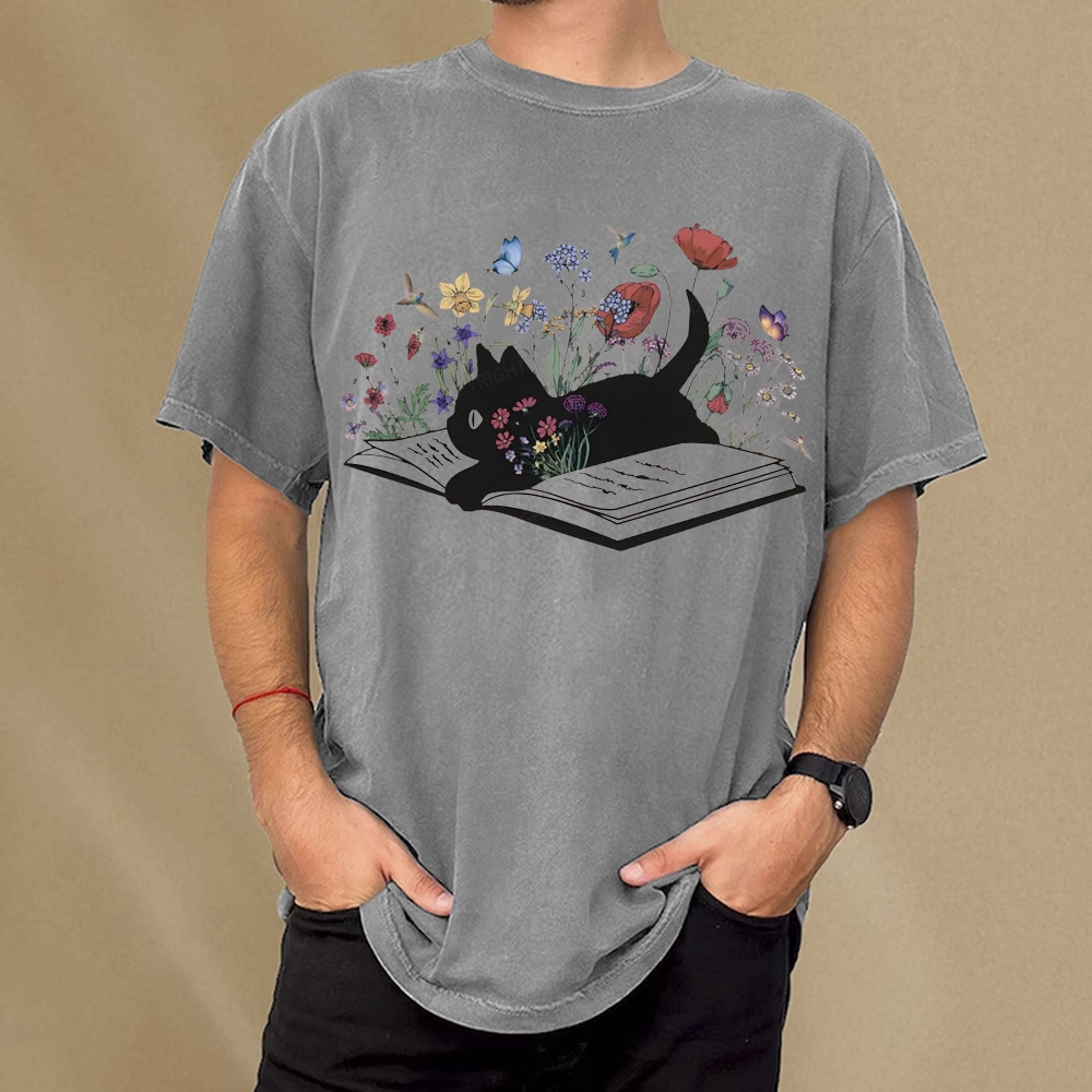 Pagewings Cute Book Cat Unisex Washed T-shirt