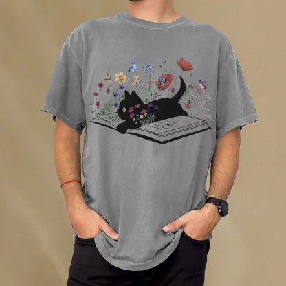 Pagewings Cute Book Cat Unisex Washed T-shirt